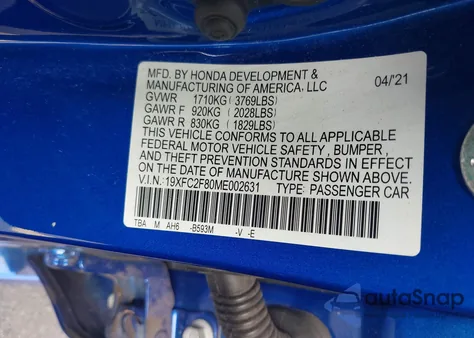 2021 Honda Civic Sport z USA, uszkodzony, nr VIN 19XFC2F80ME002631